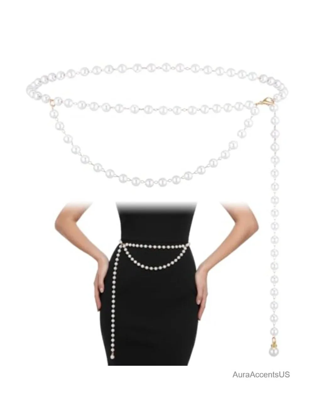 Pearl Waist Chain Adjustable Layered Pearl Belt for Women Dress Jeans Beach